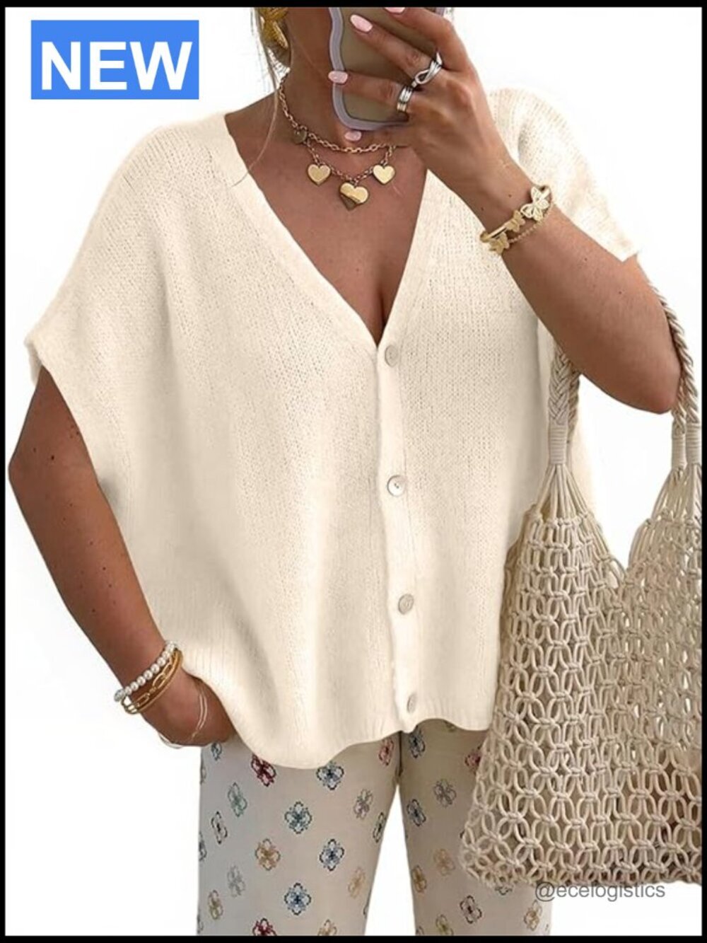 Lightweight Short Sleeve Cardigan V-Neck Loose Fit Batwing Sleeve Button Up